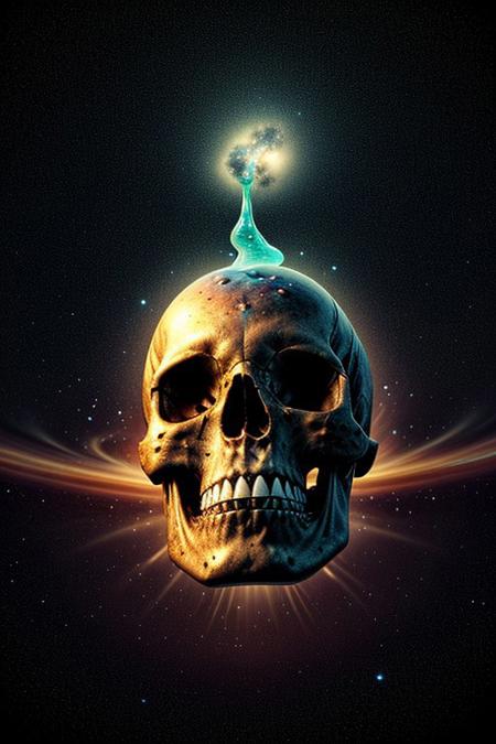 A close-up photorealistic image of a crystallic floating skull facing the viewer with its mouth open, pouring from it's mouth a shimmering liquid resembling the universe onto the ground, filled with rich stars and swirling galaxies. A simple void background enhances the dark atmosphere, shrouded in fog, capturing the hypnotic flow and shimmer of the cosmic liquid, indian view,