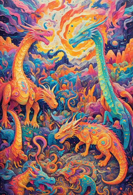 PsychadelicChaos, absurdres, high resolution, detailed, photograph, In a surreal landscape, a group of wild animals, including a dragon and an animal, gather around a colorful mural. The scene is painted in the style of "psychadelic," with bold lines and vivid colors that bring this unconventional creature to life. Snowing, soft focus, Egyptian motives, gritty and grimy, strong geometric compositions, clean lines, playful concepts, stylized by Richard Long, <lora:Upgraders\Detail Tweaker XL:1.0>, <lora:Challenge\aidmaPsychadelicChaosWorldMorphXL-V0.1:1.0>