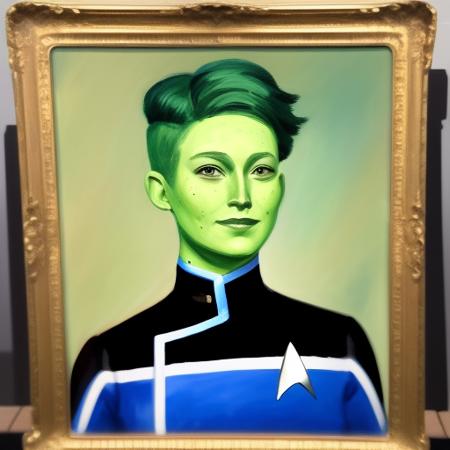 <lora:tendi-Lora:0.8> an oil painting portrait of tendi wearing a starfleet uniform, green skin, painterly, impressionist, museum archival photo