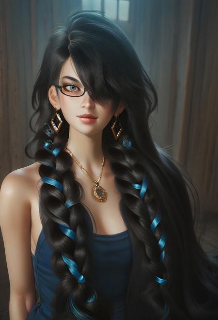score_9_up, score_8_up, score_7_up, castle background, dark theme, low light, character focus,  female focus, eyeglasses, blue triangle earrings, earrings, necklace, (closeup, upper body, cowboy shot), (black hair, hair over one eye, absurdly long hair, very long hair, floor length hair, twin braids:1.2)