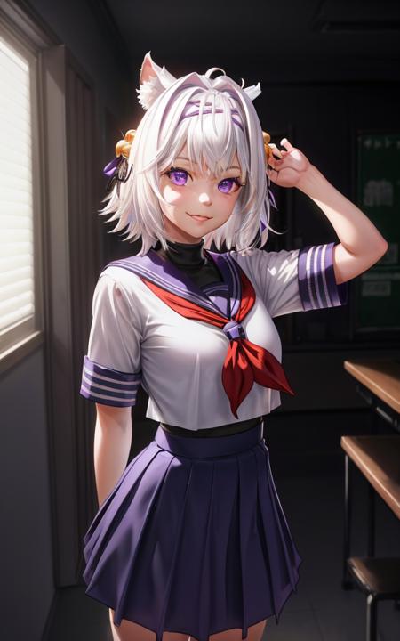 (realistic:1.1), dramatic lighting, bloom, filian, 1girl, solo, purple eyes, white hair, short hair, animal ears, hair bell, hairband, school uniform, blue skirt, tail, smile, arms behind back, looking at viewer