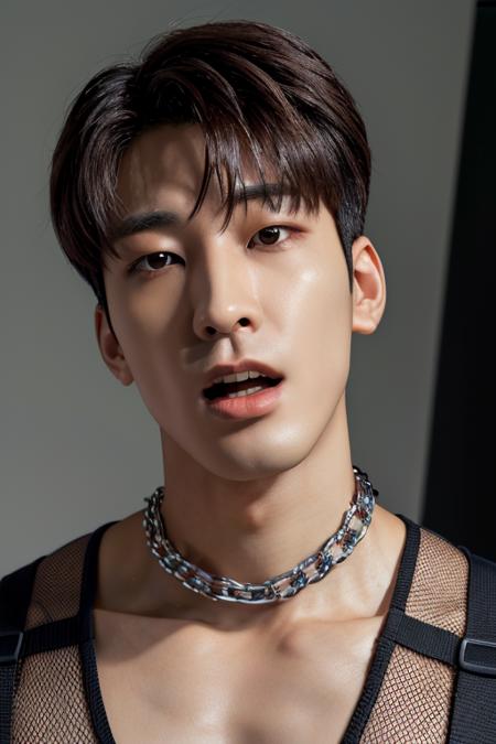 wonwoo, face, upper body, tongue out, mesh, chain, muscular, (absurdres, highres, ultra detailed),((masterpiece)), ((best quality:1.1)), High Resolution, 8k,1boy, best quality, masterpiece, (photorealistic:1.4), 4k, high quality, masterpiece, best quality, highres, dynamic poses, realistic, mature male, looking at viewer  <lora:wonwoo-10:0.9>  <lora:tangbohu-detailer_1.0:0.3>