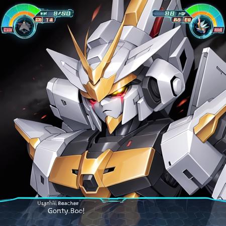 A game screen featuring a warrior robot as the main subject. The robot is shown in a close-up, focusing on its head. The body of the robot is shrouded in mist, making it appear elusive and mysterious, <lora:robotulta4:0.7>,Its eyes glow brightly, contrasting against the pitch-black background which adds a powerful aura to the scene. The UI displays various stats and a dialogue box is prominently positioned, contributing to the immersive gaming experience