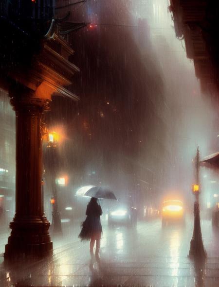 city scene, rain   <lora:Blade Runner v.2.2:0.8>, art by greg rutkowski and artgerm, soft cinematic light, adobe lightroom, photolab, hdr, intricate, highly detailed, (depth of field:1.4)