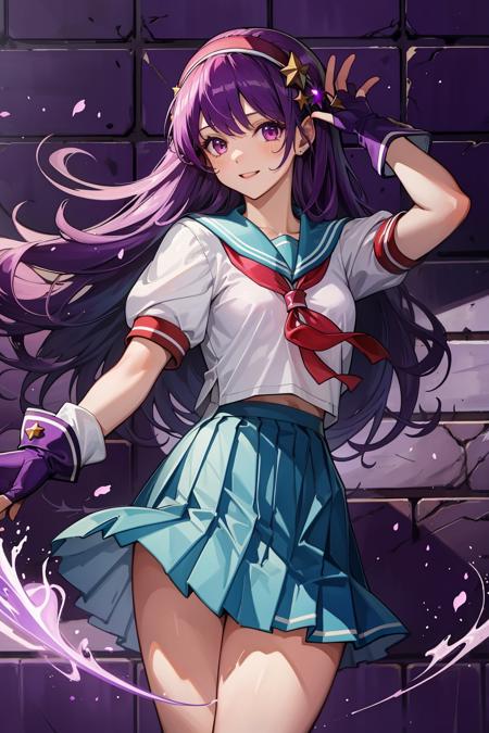 (masterpiece, best quality:1.2), intricate details, <lyco:GoodHands-beta2:1>, <lora:athena_asamiya-000010:1>, athena asamiya, 1girl, school uniform, fingerless gloves, hairband, long hair, serafuku, purple hair, purple eyes, star hair ornament, pleated skirt