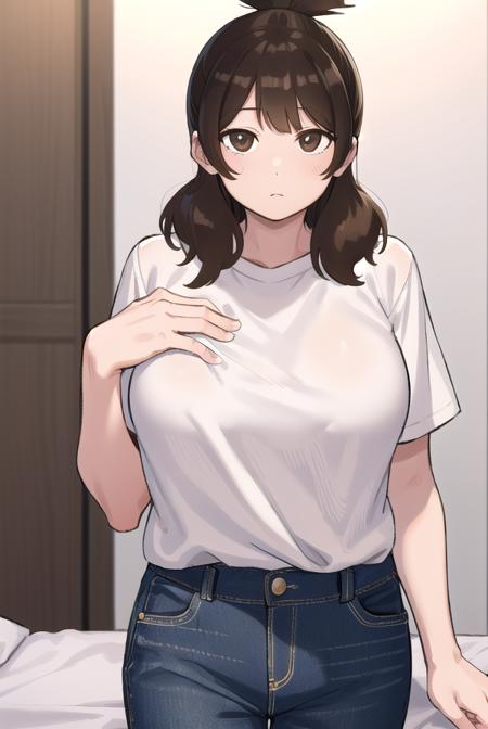 yui ashiro, bangs, blunt bangs, brown hair, (brown eyes:1.7), medium hair, ponytail, shirt, pants, t-shirt, (white shirt:1.5),