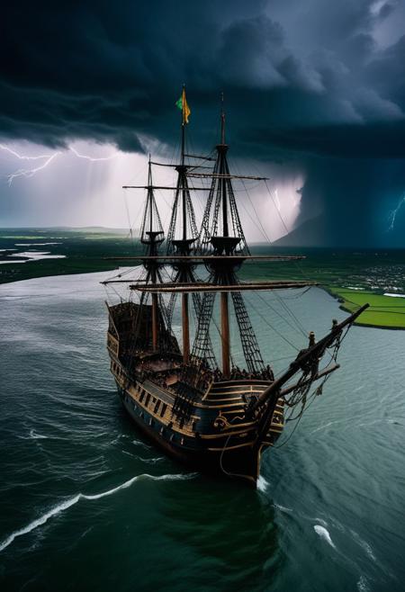 cinematic still Aerial view of a weathered 16th-century pirate ship stranded on a flooded coast in Ireland. Dark storm clouds loom overhead, with lightning illuminating a backdrop of sail-like buildings and hapless Phinisi ships, creating a dramatic, surreal scene. Rainfall and swirling ripples add to the chaotic atmosphere . emotional, harmonious, vignette, 4k epic detailed, shot on kodak, 35mm photo, sharp focus, high budget, cinemascope, moody, epic, gorgeous, film grain, grainy, Aerial view of a weathered 16th-century pirate ship stranded on a flooded coast in Ireland. Dark storm clouds loom overhead, with lightning illuminating a backdrop of sail-like buildings and hapless Phinisi ships, creating a dramatic, surreal scene. Rainfall and swirling ripples add to the chaotic atmosphere, cinematic, detailed, professional, extremely quality, highly