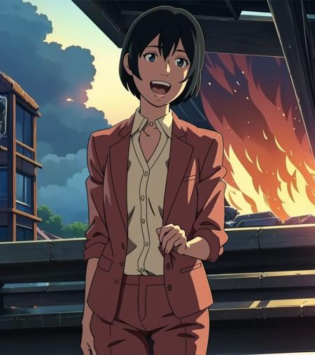 <lora:YukGow:1> YukGow woman standing inside a burning building laughing, messy black hair, skinny, suit top, pants, soft focus,
anime art style, masterpiece, 1girl, solo