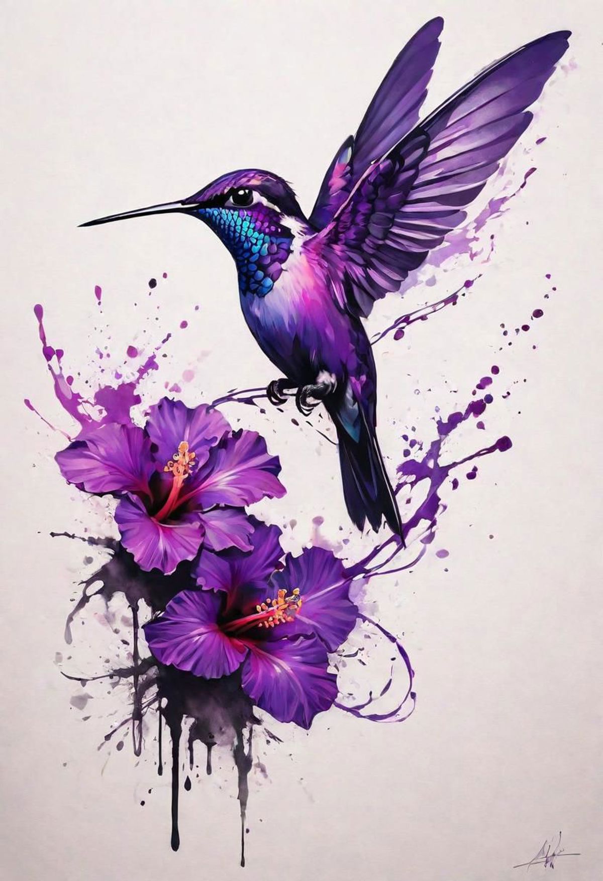A purple hummingbird with a long beak perched on a purple flower.
