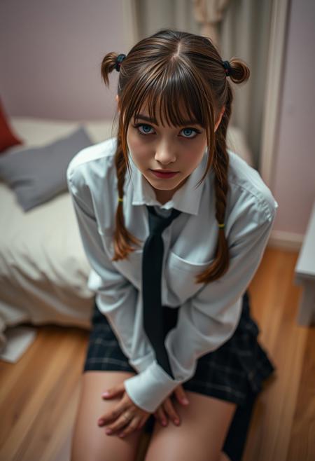 closeup,, realistic,  vivid lighting, beautiful eyes,
 18 year old female,  pigtails, brown hair, pale skin, bedroom, shy expression, submissive, eyes looking down, head slightly bowed, short, micro waist, wide hips, big ass, medium small breast, blue eyes, interesting lighting, white shirt, black tie, black plaid skirt, black socks, on her knees, high angle, hands on the floor, . vibrant, mass culture, hands behind her back, hands grasping elbows, 
score_9, score_8_up, very detailed, detailed eyes,  high detailed texture, realistic, photorealistic, perfect eyes, real life realistic, ExpressiveH, Cinematic Film,  detailed background, dynamic angle,  beautiful,