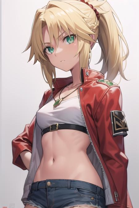 fgomordred, <lora:mordred-lora-nochekaiser:1>,
modred, (green eyes:1.5), blonde hair, ponytail, short hair, scrunchie, red scrunchie, hair scrunchie, (small breast:1.2),
BREAK blonde hair, denim, denim shorts, jacket, jewelry, midriff, navel, necklace, red jacket, short shorts, shorts, tube top, white top,
BREAK looking at viewer,
BREAK outdoors,
BREAK <lyco:GoodHands-beta2:1>, (masterpiece:1.2), best quality, high resolution, unity 8k wallpaper, (illustration:0.8), (beautiful detailed eyes:1.6), extremely detailed face, perfect lighting, extremely detailed CG, (perfect hands, perfect anatomy),