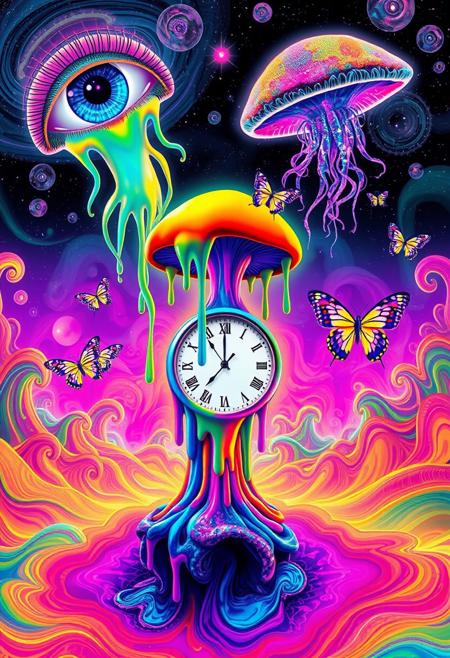 Surr3@l, A mind-bending psychedelic scene with a melting clock wrapped around a rainbow-colored mushroom sprouting from a neon-lit ocean. Giant, spiraling eyes float in the sky, dripping liquid dreams onto a landscape of swirling fractal patterns. A cosmic jellyfish with galaxies in its tentacles hovers above, while fluorescent butterflies with kaleidoscopic wings emerge from a vortex of swirling paint. The entire scene pulses with vivid, shifting colors, and the boundaries between land, sky, and sea blur into a trippy, fluid dance of surreal forms.