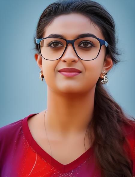 KeerthySuresh, art by Caras Ionut, photograph, Disciplined short Gothic Female, wearing Landscape architect V-neck top, Repulsive Faux hawk hairstyle, Norse Keychain, Glasses, dense reeds, Happy, Sunlight, film grain, Sony A7, F/2.8,  <lora:KeerthySureshSD1.5:1>