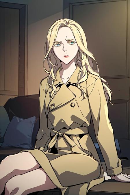 masterpiece, best quality, absurdres, perfect anatomy, beautiful background, beautiful face, beautiful eyes, beautiful body, upper body,  Sitting with legs outstretched, alice_forest, 1girl, solo, long hair, blonde hair, long sleeves, coat, blue eyes, brown coat, trench coat <lora:Alice_Forest:0.85>