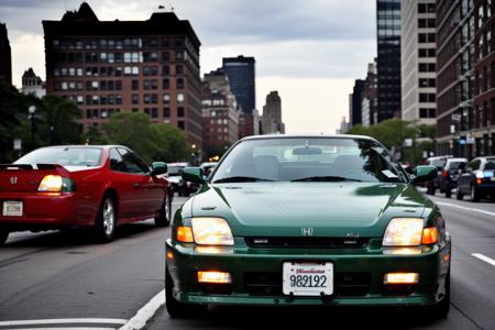 PRELUDE, in new york city, wide-angle, masterpiece, award winning, parked on a road, buildings in background, natural lighting, cloudy skies, urban, sharp focus, smooth, intricate details, 8k wallpaper, trending on artstation <lora:PRELUDE:0.8>