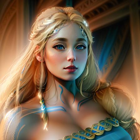 Sif, photorealistic, 4k, UHD, ((blonde hair over her left shoulder))),  blue dress, blue eyes, <lora:Sif_GodofWar:1.1>