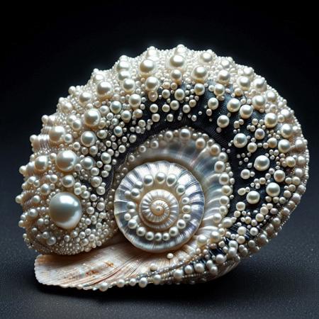 lazypos, highly detailed and hyper realistic, Ultrarealistic, sharp focus, Pearlum, dynamic lighting,  best quality, open seashell made of pearls, small black closed seashell inside
