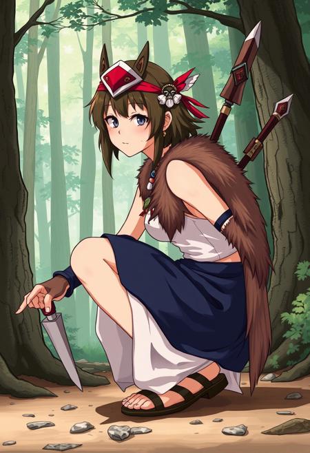 Princess Mononoke,  ,  ,  ,  San, 1girl, full body, squatting, solo, short hair, brown hair, gray eyes, headband, face paint, earrings, white sleeveless top, navy under dress, arm cuffs, fur headdress, fur cape,      , female focus, looking at viewer,  , forest,  knva, halftone effect, retro artstyle, concept art, realistic,, san, 1girl, solo, short hair, brown hair, gray eyes, headband, face paint, earrings, white sleeveless top, navy under dress, arm cuffs, fur headdress, fur cape, shoes, tooth necklace, mask on head, light-skinned female, dark green hair, mask on head, mask on face, mask on back, tooth necklace, crystal necklace, holding dagger, holding spear, anime, ghibli, cosplay, photo, fan art, pvc, Expressiveh