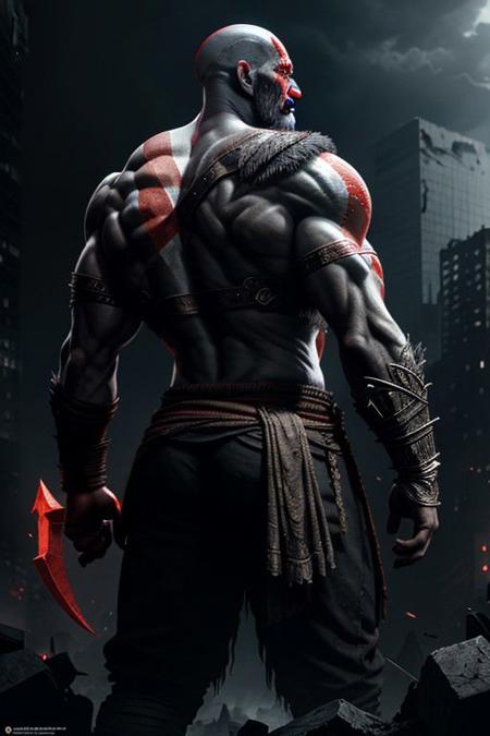 god of war,looking back at viewer,upper body,standing,bagging a black Evil Ghost Face teddy bear,against the backdrop of the (ruined city:1.1) unreal engine style of Artgerm finely detail,ultra-detailed,highres,