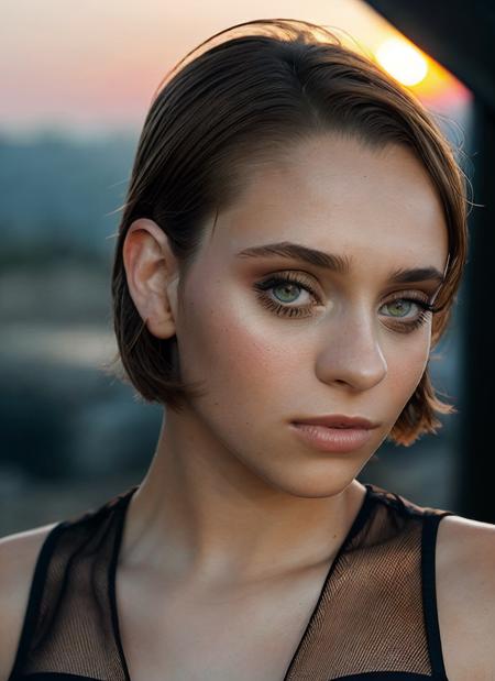 portrait of skswoman, frightened , wearing organza , with Layered haircut , background sunset epic (photo, studio lighting, hard light, sony a7, 50 mm, matte skin, pores, colors, hyperdetailed, hyperrealistic), <lyco:Daniel MelchiorV2:1.0>