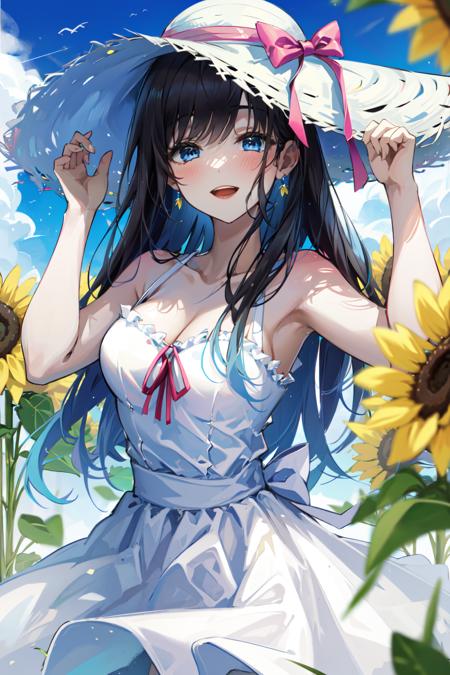 -mature lady, 1girl, hat, solo, flower, dress, sunflower, outdoors, white dress, smile, long hair, black hair, blue eyes, looking at viewer, sky, bangs, breasts, open mouth, cloud, earrings, sundress, day, sun hat, blush, teeth, cleavage, :d, collarbone, jewelry, blue sky, straw hat, sleeveless dress, ribbon, summer, sleeveless, hand on headwear, upper teeth only, bare shoulders, bow, medium breasts, white headwear, field, yellow flower, hat ribbon, frilled dress, frills, standing, blurry, hat bow<lora:mature lady-000018:0.8>