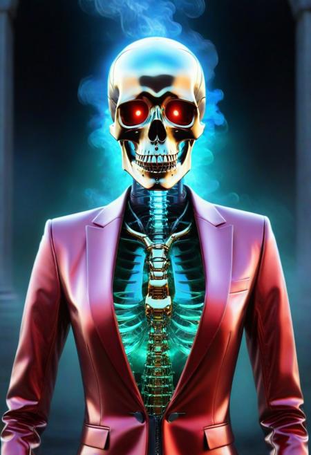 A highly detailed CGI image of a Whistler's Mother, female skull entirely made of h4v_h0l0, featuring gold accents on the eye sockets and nose. The skull wears a vivid red h4v_h0l0 suit jacket with a glossy finish, and a tie also constructed from h4v_h0l0. The design blends surreal and artistic elements, combining skeletal and human traits with precision. The skull’s lips are closed, forming a calm, neutral expression. The background is a soft, sparkly gradient of blue and green hues, giving the image a luminous, dreamlike feel. The skull has a smooth, polished surface, and the lighting is carefully arranged to highlight both the intricate keyboard structure and the reflective jacket. The composition is well-balanced and focused on the upper torso and skull, emphasizing artistic foreshortening and chromatic detail, in the style of contemporary light-based art installations, smoke h4v_h0l0 cemetery background., Whistler's Mother, female skull made of h4v_h0l0 with gold eye sockets and nose, red h4v_h0l0 glossy suit jacket, h4v_h0l0 tie, soft sparkly pink h4v_h0l0 gradient background, polished textures, surreal and artistic CGI, neutral expression, foreshortening art, smoke h4v_h0l0 cemetery background