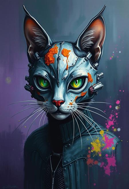 An oil painting in violet, green, black, and white colors, depicting a waist-up portrait of a cat creature with a strange. mix of plastic and metal, giving it a cold, industrial feel. covered with patches of rust, adding an eerie, decayed effect. The cat creature's form is partially obscured by the abstract, textured mask, which contrasts sharply with the background colors. Around the cat creature, vibrant particles of colorful dust float and scatter, adding a surreal and ethereal quality to the scene. The painting captures the eerie and mysterious nature of the cat creature, with the unsettling mask, patches of mold, and swirling dust enhancing its dark, enigmatic presence.
<lora:Midjourney_imitation_FLUX:0.5> <lora:aidmaNSFWunlock-PonyStyle:0.5>, In the corner there is a small inscription "fh", like the authoras signature.