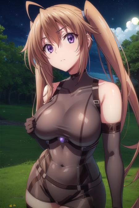 irina shidou, long hair, brown hair, twintails, (purple eyes:1.1), very long hair, ahoge, thighhighs, gloves, bare shoulders, black gloves, elbow gloves, bodysuit, covered navel,