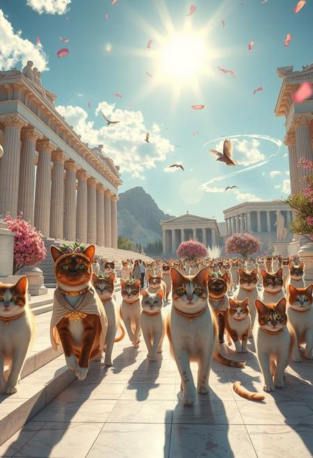 A glorious city in Ancient Greece populated entirely by majestic cats. Wide cinematic shot of a luxurious white marble acropolis, towering columns, golden statues of cat gods, and ornate temples inspired by the Parthenon. Dozens of beautiful cats with glowing eyes walk proudly in flowing white and gold togas, adorned with olive wreath crowns and golden jewelry. The sky is blue with radiant sunlight, pink and purple flowering trees sway in the breeze, and colorful confetti floats in the air. Fountains spray rose-scented mist, while cats lounge on steps, leap across rooftops, and bask in the divine atmosphere. Marble roads reflect soft light, birds soar overhead, and everything sparkles with mythical elegance. 4K photorealistic detail, shallow depth of field, cinematic lens flare.