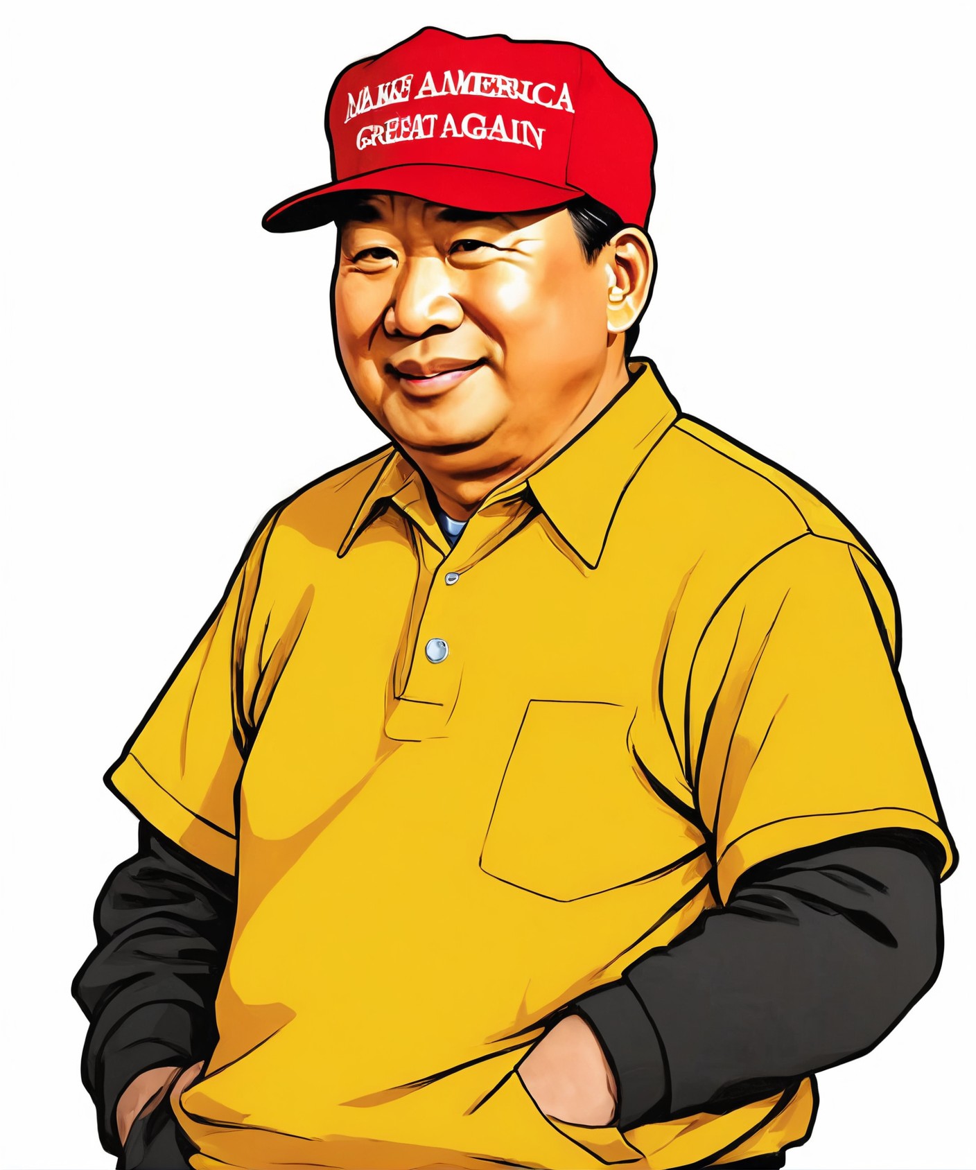 man wearing red maga hat, upper body, anime cartoon illustration, comics style, Xi Jinping as winnie the pooh , profession...