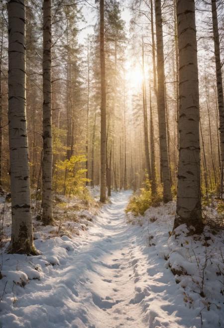 Beautiful wild Nature, a path leading through a birch forest, sun shining through the forest, sun rays, snow peaked mountain in the distance, strong leading lines, beautiful details, strong detailed, soft romantic feeling, soft light, best quality, soft focus, Leica camera, film grain, catch light, moody lighting, fine detail, smooth skin, hyper sharp, realistic abstract, 12k resolution, Arri Alexa camera quality, colorful Lens flairs, sun in the image,