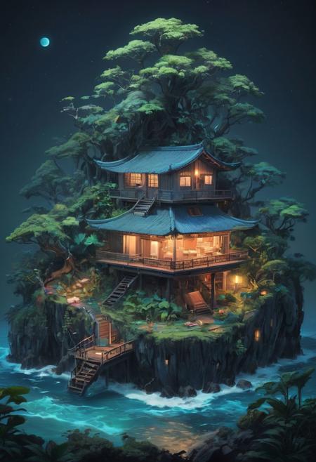 Isolated tiny island at the middle of the ocean with an extremely luxurious villa surrounding a creepy jungle at night, <lora:3D_Framed_Wall_Art_-_By_DICE:0.7>, (Framed 3D, House), UHD, Synthwave art style, retro-futuristic aesthetic, vibrant neon colors, nostalgic 80s imagery, futuristic landscapes, nostalgic and atmospheric, Japanese traditional art style, delicate lines, subtle colors, intricate details, dynamic compositions, cultural heritage, adds elegance and sophistication