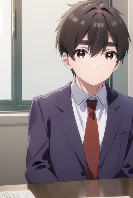 rentarouaijou, <lora:rentarou aijou s1-lora-nochekaiser:1>,
rentarou aijou, black hair, (brown eyes:1.3), thick eyebrows, short hair, hair between eyes,
BREAK school uniform, necktie, formal, suit, red necktie,
BREAK indoors, classroom,
BREAK looking at viewer, (cowboy shot:1.5),
BREAK <lyco:GoodHands-beta2:1>, (masterpiece:1.2), best quality, high resolution, unity 8k wallpaper, (illustration:0.8), (beautiful detailed eyes:1.6), extremely detailed face, perfect lighting, extremely detailed CG, (perfect hands, perfect anatomy),