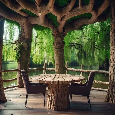 barnum-color cinematic photo  (concept interior:1.2) design, modern rustical room, pond outside,  elaborate furniture, texture cracked dry treebark (cracked wood style room ) design, green trees with intertwined roots, <lora:treebark-SDXL-s-exp:0.6> . 35mm photograph, film, bokeh, professional, 4k, highly detailed