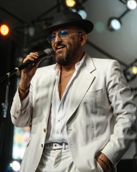 shufutinskiy man, white blazer, bald, glasses, hat, standing on stage, singing, microphone, (fat:0.8), colorful spotlights, kodak portra 400, film grain, hard light, bokeh <lora:3rd_september_v1:0.85> <lora:AdvancedEnhancer:1.0>