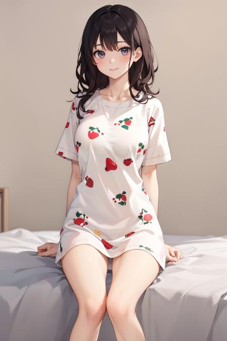 (best quality),[masterpiece],
//,
1girl,solo,(large breasts),mature female,(perfect female body, narrow waist),((T-shirt,Heart, pattern,animal print,floral print, food print,print shirt,short sleeves,strawberry print,little bear print,little bear pattern)),
//,
looking at viewer,(simple background,grey background),(thighs,long legs,legs),sitting,smile, arms behind back, 
//,
 <lora:xiaoxiong:0.6>