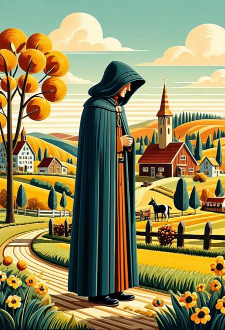 RetroBG,
A towering cloaked figure standing in deep contemplation, naïve folk-art style, idyllic rural landscapes, charming small-town scenes, simplified expressive figures, bright and warm earthy color palette, flat yet detailed compositions, storytelling through everyday life, nostalgic Americana aesthetic, seasonal countryside activities, joyful and wholesome atmosphere