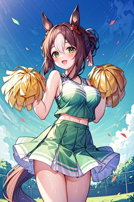 (masterpiece), (best quality), (ultra-detailed), photorealistic, (best illustration), ((an extremely delicate and beautiful)), 1girl, cowboy shot, cheerleader, pom pom \(cheerleading\), :d, green clothing, green skirt, large breasts, blue sky, confetti, <lora:acogare_gfw_cheer_girl_nai_4:0.7> <lora:umamusume_finemotion:0.8>  finemotion, folded ponytail, (((clover))) hair ornament, horse ears, horse tail, looking at viewer, <lora:more_details:0.4>