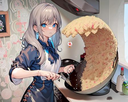 (best quality, masterpiece), ricewave, (1girl, solo,cooking, standing ,  gray hair, *//*, blue eye, *//*, white blouse, looking at viewer, closed mouth, upper body), (kitchen, holding wok, Spatula) <lora:fried-05:1>