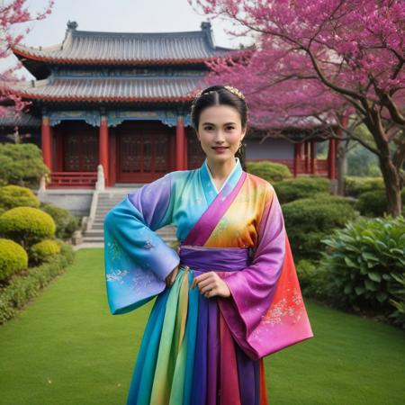 score_9, score_8_up, score_8, Masterpiece, High Details, HD, 8K, Photorealistic, perfect, High Quality, female, a medium body shot of a girl standing in a garden setting with a smile on her face. She is looking directly at the camera with her right hand raised to her chest near her chin and her left arm relaxed at her side. The woman has fair skin, brown eyes and long, black hair styled in an elegant updo, adorned with a small, delicate hairpin. Her lips are painted a red and her body is slim with small breasts. She is dressed in a traditional Rainbow Chinese Hanfu, a long, flowing robe. The Hanfu is multi color with intricate Rainb0w M0rph patterns, and it is belted at the waist with a white sash. Her attire has a intricate texture design with gold accents and has a high neckline and long, wide sleeves. In the background, there are vibrant green lotus flowers with white petals, creating a lush, tranquil ambiance. Behind the woman, there is a classical Chinese pavilion to the left painted in shades of purple with purple and white hues, indicating a night scene. The foreground includes a white fence with intricate carvings, adding to the sense of tranquility and beauty. The sky is a gradient of purple and blue, suggesting a twilight or early morning atmosphere.