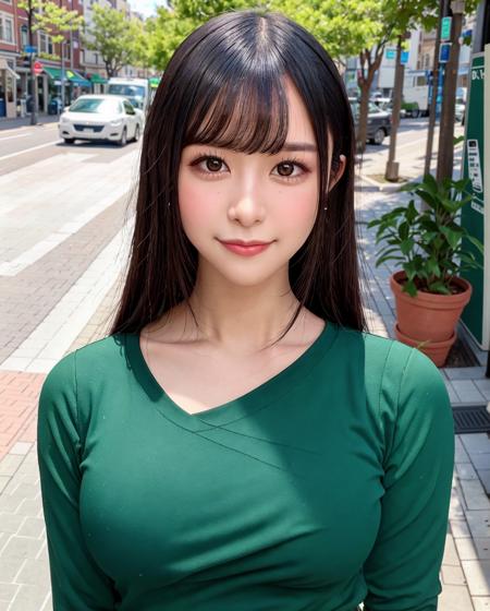 a woman posing on the street corner with green blouse on, best quality, 1girl, large breast, day, bright, blur background, bokeh, outdoor, (street:0.8), (people, crowds:0.8), (elegant clothes, green high-neck clothes:1.2, green long sleeves blouse: 1.5), gorgeous, (short hair:1.2),(floating hair:1.2), beautiful detailed sky, (dynamic pose:1), (upper body:0.8), soft lighting, wind, shiny skin, look at the viewer, facing the viewer, smile,  <lora:Naomi:0.65>