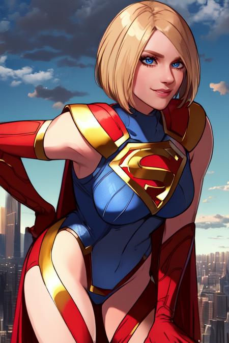 kara, short blonde hair,  blue eyes,   leaning forward,  light smile, 
blue body suit, S (symbol\), red cape,  red gloves, 
standing, upper body, solo, 
morning, metropolis city,   cloudy sky,  
 (insanely detailed, beautiful detailed face, masterpiece, best quality), <lora:Supergirl:0.8>