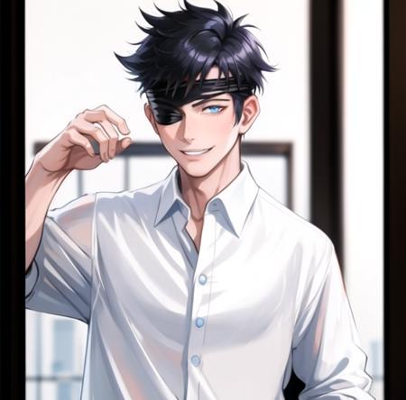 <lora:gojo:0.7> ,  1boy, Gojo, a man with spiky black hair,  posing for a picture, white polo shirt, black blindfold, blue eyes, smirking, teeth visible, hand inside pockets,  cowboy shot  , (masterpiece:1.4),(best quality:1.4),(shiny skin),realistic, east asian architecture background,  detailed eyes, detailed face,