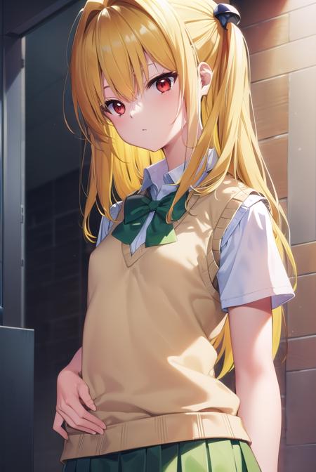 toloveruyami, <lyco:toloveruyami-lyco-nochekaiser:1>, 
yami, (yellow hair:1.5), long hair, (red eyes:1.5), (hair ornament:1.2), two side up, (small chest:1.2), 
BREAK school uniform, shirt, white shirt, bow, (green bow:1.5), skirt, (green skirt:1.2), pleated skirt, short skirt, sweater, (light brown sweater vest:1.5), short sleeves,
BREAK indoors, classroom,
BREAK looking at viewer, (cowboy shot:1.5),
BREAK <lyco:GoodHands-beta2:1>, (masterpiece:1.2), best quality, high resolution, unity 8k wallpaper, (illustration:0.8), (beautiful detailed eyes:1.6), extremely detailed face, perfect lighting, extremely detailed CG, (perfect hands, perfect anatomy),