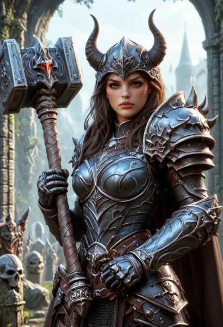4k, highly detailed, beautiful fantasy illustration of a brunette girl,
<lora:Voe_Doe_-_OC:0.8> V03D03, 1girl, lips, brown eyes, long hair, dark hair, straight hair, long eyelashes, cheek mole, fit, thin, paladin, armor, pauldrons, gauntlets, fingerless, heavy armor, ((horned helmet)), strong, muscular, feminine, 
 <lora:aidmaImageUpgraderSDXL-v0.3:0.8> aidmaimageupgrader
 <lora:80sFantasyMovieSDXL2:0.8> ArsMovieStill, 80s Fantasy Movie Still, 
 <lora:BattlehammerV2:0.8> holding battlehammer (weapon),