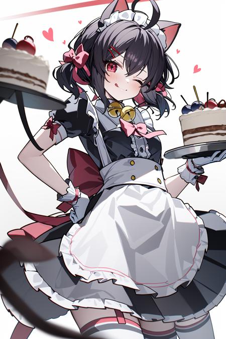 (masterpiece:1.2),best quality,PIXIV,Energetic girl,
1girl, animal ears, solo, one eye closed, food, cat ears, tail, bow, tongue out, apron, tongue, cat tail, bell, maid, maid headdress, holding, short sleeves, dress, red eyes, hand on hip, cat girl, ahoge, frills, white background, looking at viewer, cake, hair ornament, black dress, black hair, twintails, white apron, heart, thighhighs, puffy sleeves, hair bow, neck bell, maid apron, white thighhighs, bangs, puffy short sleeves, simple background, pink bow, frilled apron, red bow, gloves, jingle bell, ribbon, short hair, smile, frilled dress, white gloves, hairclip, bowtie, short twintails, wrist cuffs, closed mouth, brown hair, blush, holding plate