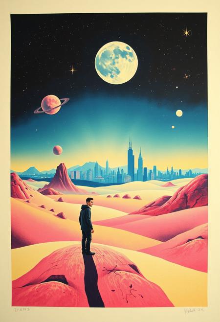 A vast, moonlit landscape with a single, isolated figure, their expression distorted in a surreal, exaggerated manner., lithograph of an abstract {subject} composition by modern artist, neon color palette, floating geometric shapes, fantasy landscape with futuristic cityscape, small black dots representing stars and planets, surrealistic style, on cream background, whimsical and dreamy mood, sharp focus on the print details, soft blurring for depth, dynamic lighting effects, playful shadows casting from distant lights.