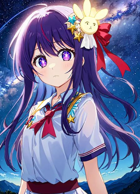 breathtaking, 1girl,purple eyes,aihoshino, ,hair ornament, red ribbon,
standing,white school uniform, night sky,milky way,
gorgeous,key visual, vibrant, studio anime,award-winning, professional, highly detailed,high budget, cinemascope <lora:hoshinoai_v10:1:lbw=xl1-1>