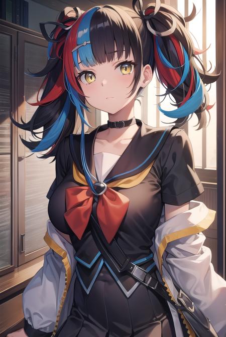 sei shounagon, aqua hair, black hair, blunt bangs, multicolored hair, red hair, twintails, (brown eyes:1.5), black sailor collar, black shirt, black skirt, choker, pleated skirt, puffy sleeves, sailor collar, shirt, skirt, bow, red bow,