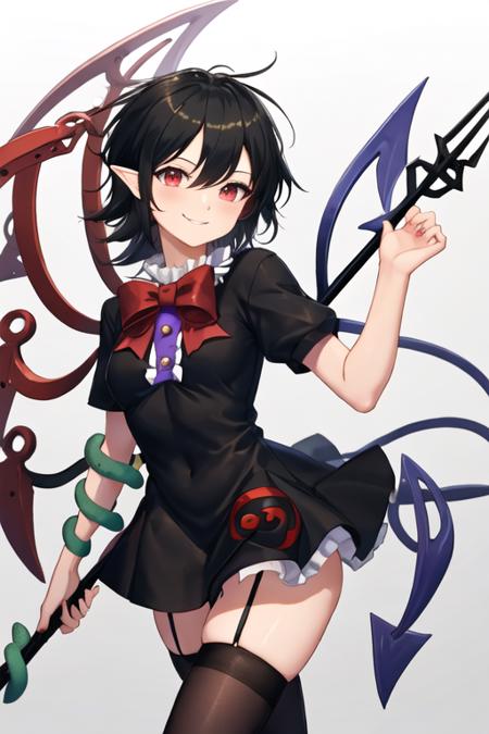 best quality, masterpiece, highres, solo, {houjuu_nue_touhou:1.15}, black_hair, wings, asymmetrical_wings, red_eyes, short_hair, bow, smile, 1girl, dress, looking_at_viewer, simple_background, white_background, black_dress, polearm, short_sleeves, weapon, trident, upper_body